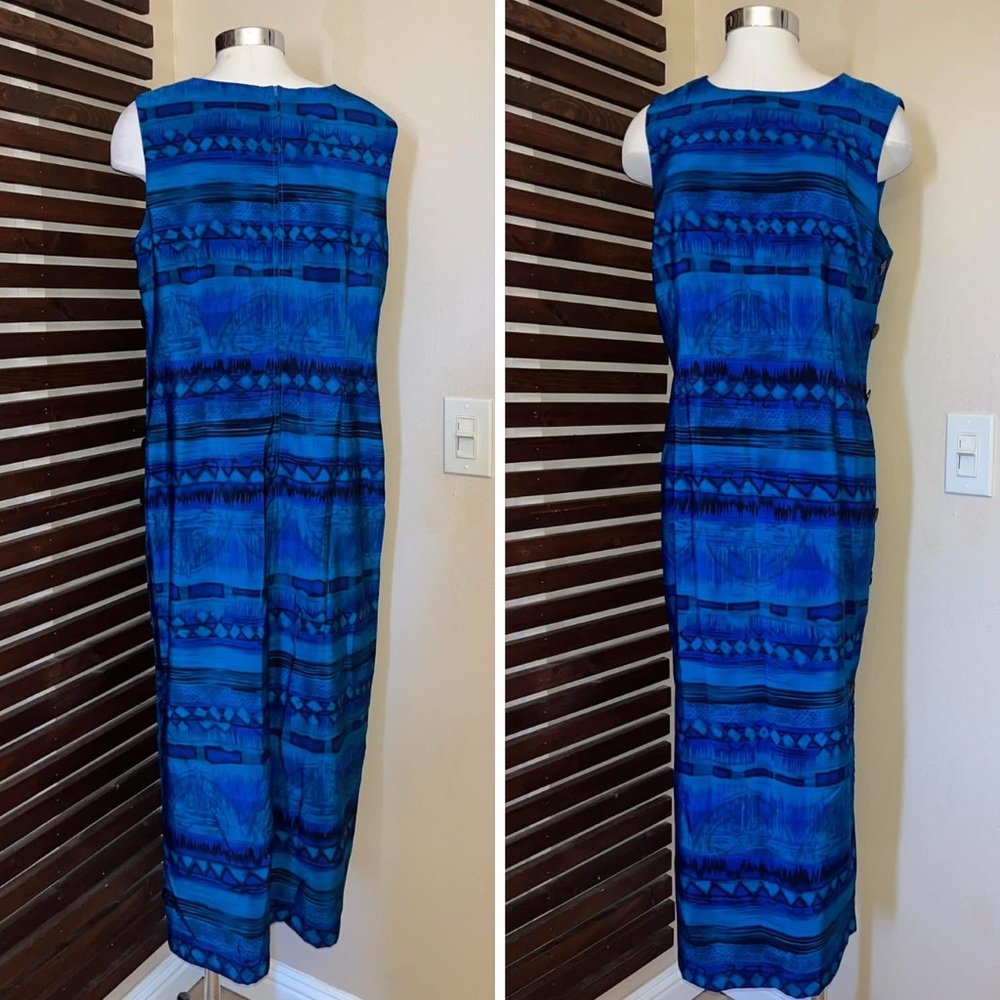 Vintage 1980s 80s R&K Originals Blue Tiki Print Sleeveless Dress w/ Buttons